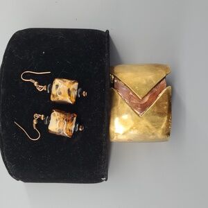 Vintage Florelle Copper Cuff Bracelet And Coorfinating Glass Earrings